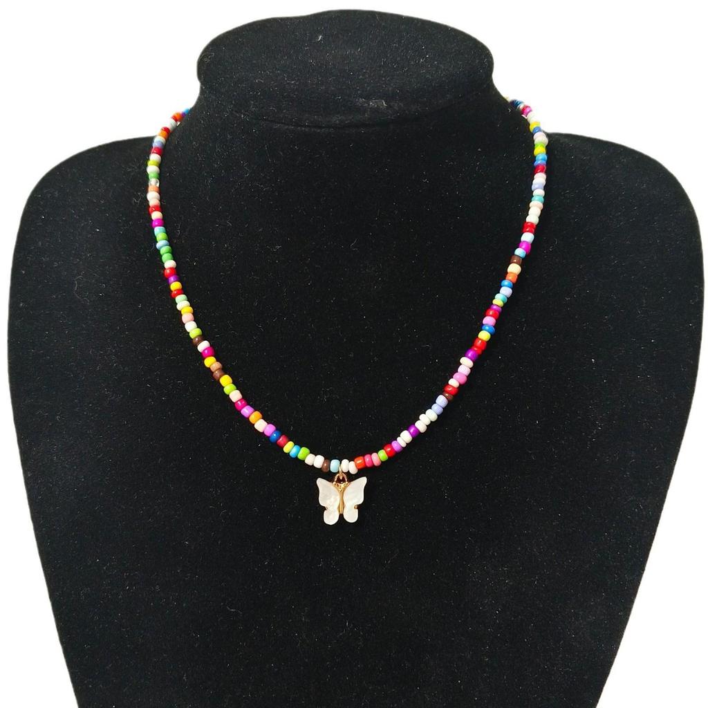 European Retro Bohemian Multi-Color Beaded Necklace with Butterfly Pendant