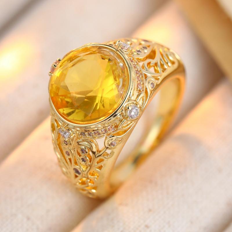 Vintage Inlaid Champagne CZ Women's Ring Ethnic Gold Color Hand Carving Daily Wear Party Jewelry Anniversary Gift
