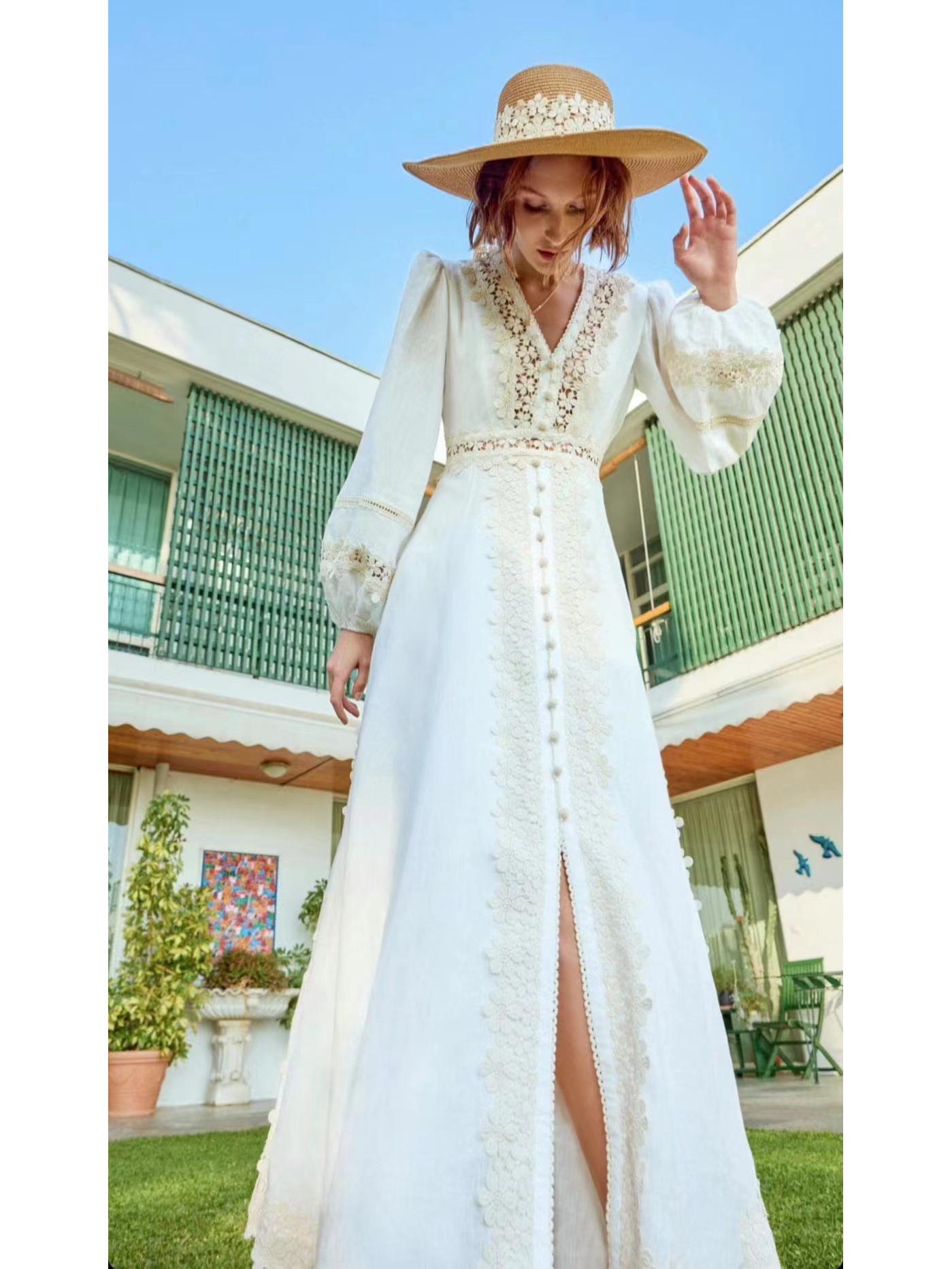 

Элегантное длинное платье с рукавами-фонариками из французского ретро-кружева для женщин, осень 2023 г. XL белый