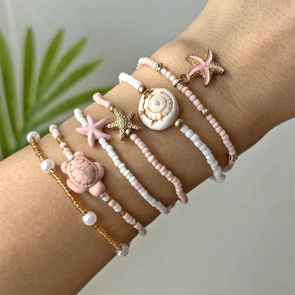 Bohemian Starfish Turtle Shell Beaded Bracelet Set for Women Handmade Multilayer Stacked Bracelets Summer Beach Party Jewelry