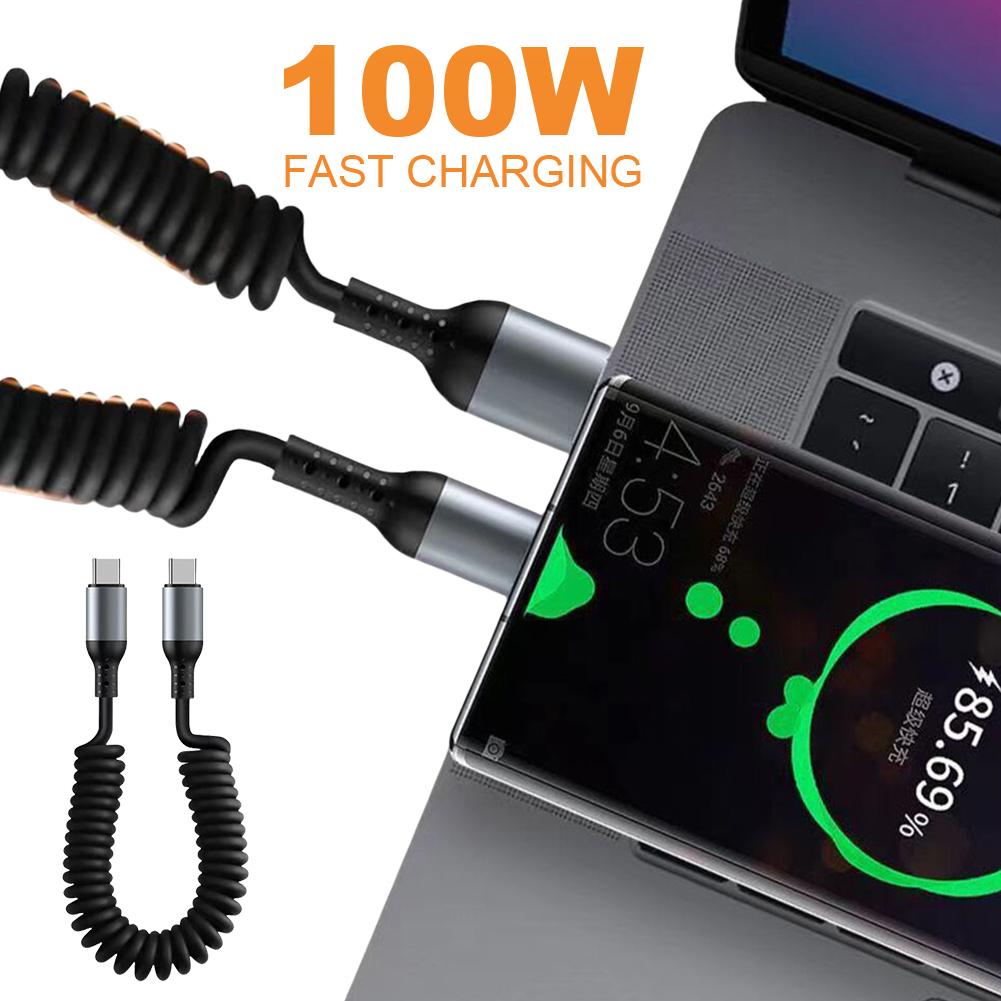 100/66W USB Type C Spring Telescopic Quick Charger Wire 6A Spring Short Data Cable Car Phone Charger USB Cable for iPhone 16 15