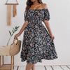 Real Shot Women's Skirt Spring and Summer New European and American Floral Square Neck Short Sleeve Waist Ruffled Dress