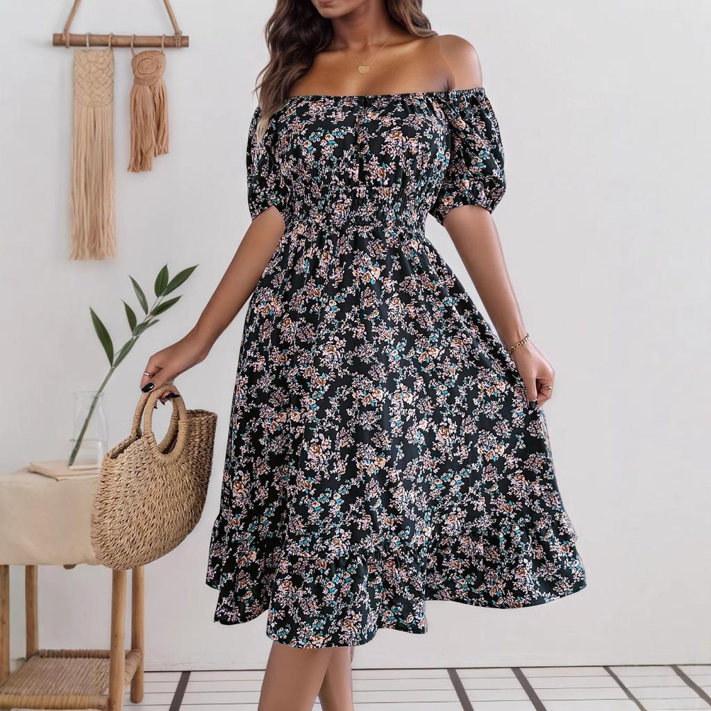 Real Shot Women's Skirt Spring and Summer New European and American Floral Square Neck Short Sleeve Waist Ruffled Dress