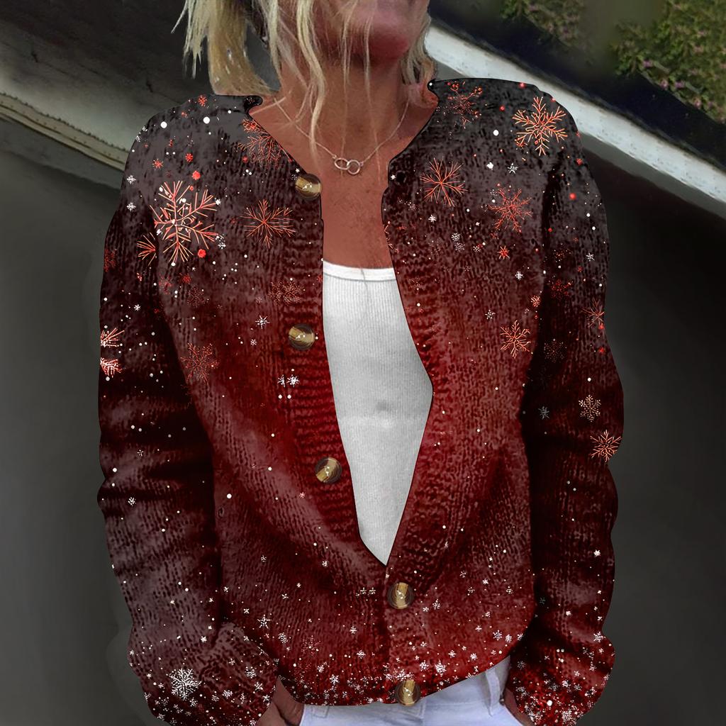 Damemote juletrykt langermet strikket cardigan-jakke med knapp