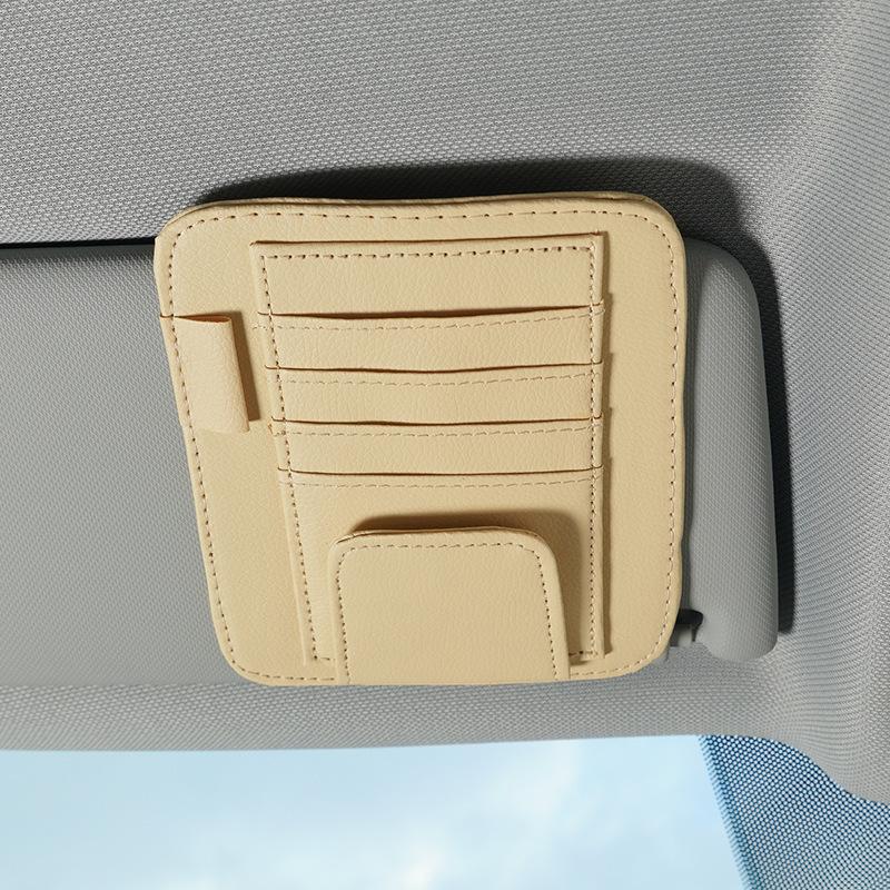Space-saving PU Leather Car Sun Visor Organizer Multiple Pockets for Cards Glasses Pens Auto Interior Decor