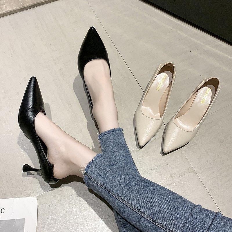 Not Tired Feet High Heels Thin Heels New French Commuter Professional Black Single Shoes Soft Leather Women's Shoes Spring