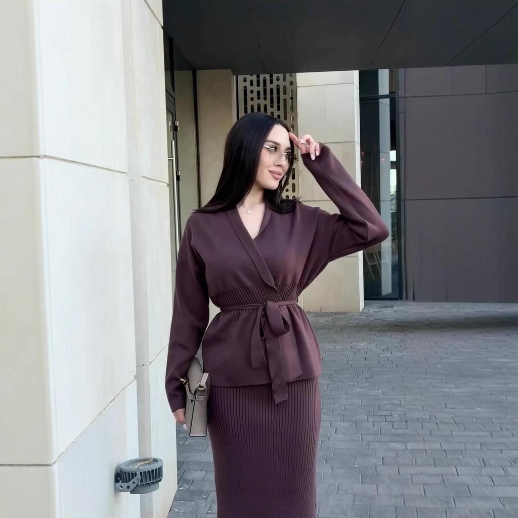 2025 Autumn V-neck Long-sleeve Cardigan & Bodycon Dress Set