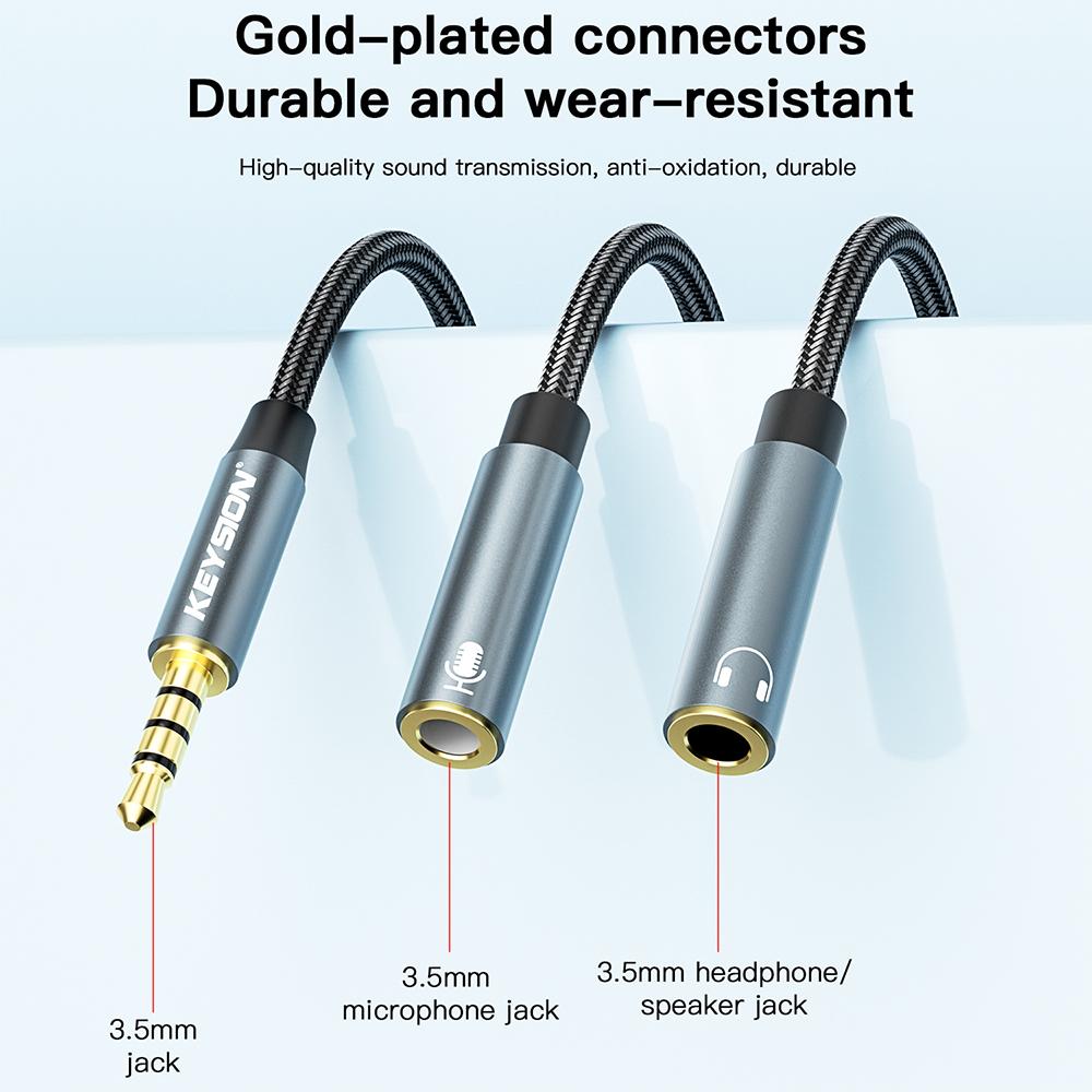 KEYSION Headset Splitter 3.5mm Audio+Mic Stereo Headphone Splitter Audio 3.5mm 4 Pole Jack Y Cable for Phone HIFI DAC Amplifier
