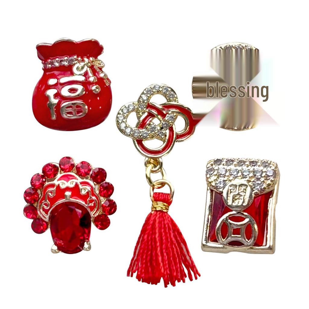 2026 New Year Zircon Nail Art: Festive Red Knot, Fu Character, Goldfish, Coin, and Rhinestone Decorations