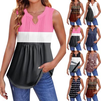 Womens Summer Tank Tops  Pleated V Neck Printing Casual  Top Tank Tops For Women Loose Fit Sleeveless Tunic Shirts