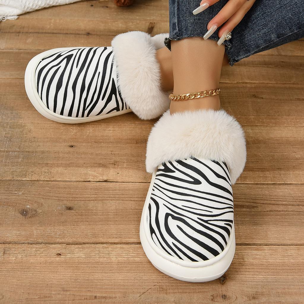 Fashion Women Platform Cotton Slippers 2025 New Winter Plush Boots Women Zebra Printed Snow Boots Short Plush Slides Warm Slippers Women