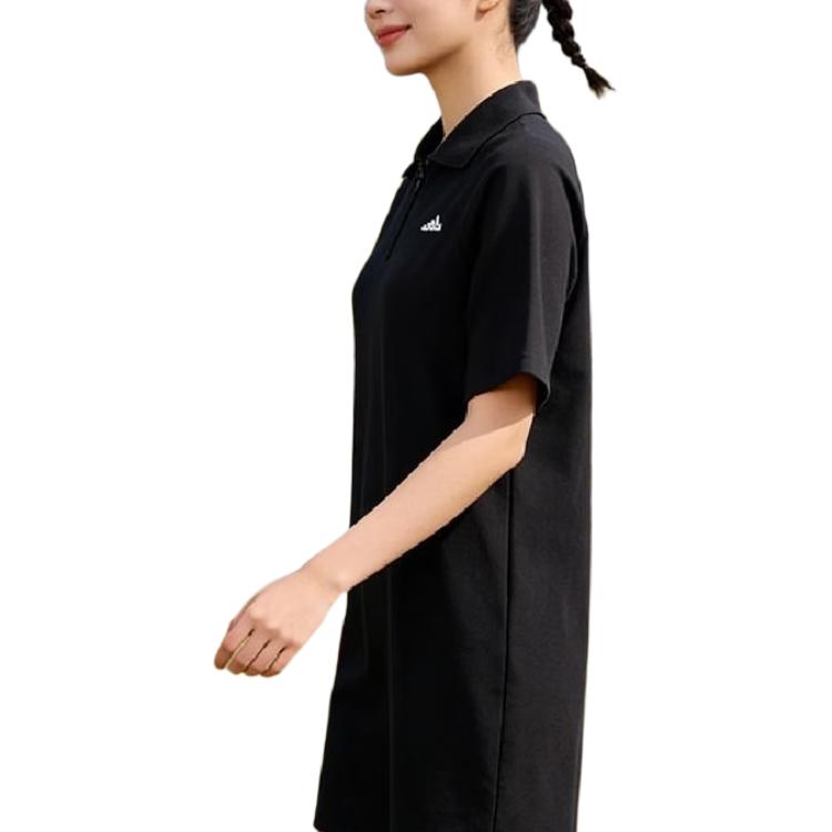 adidas Casual Breathable Solid Color Polo Short Sleeve Dress Women Dresses Black JI5651