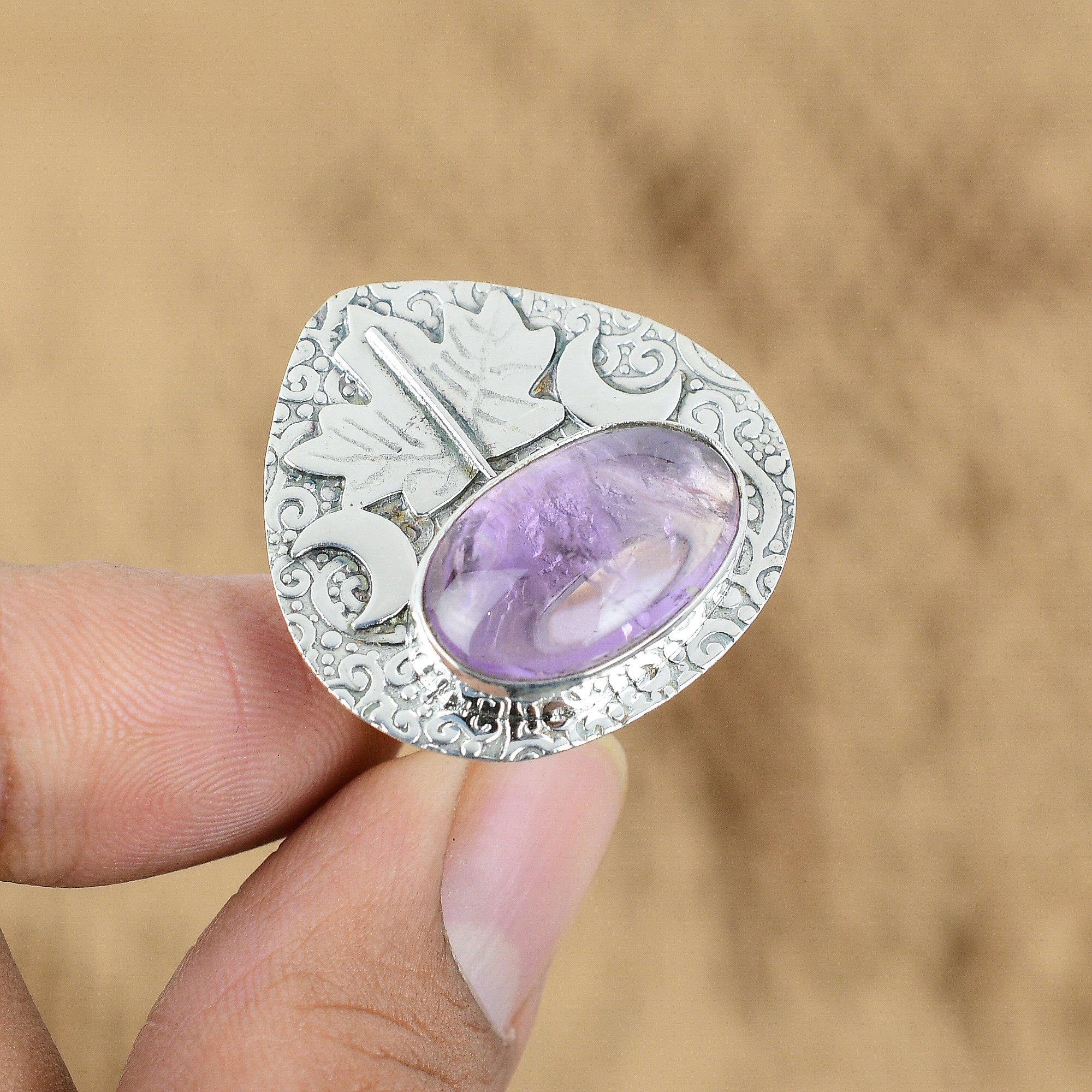 

Natural African Amethyst 925 Silver Cresent Moon Adjustable Ring For Women Yes