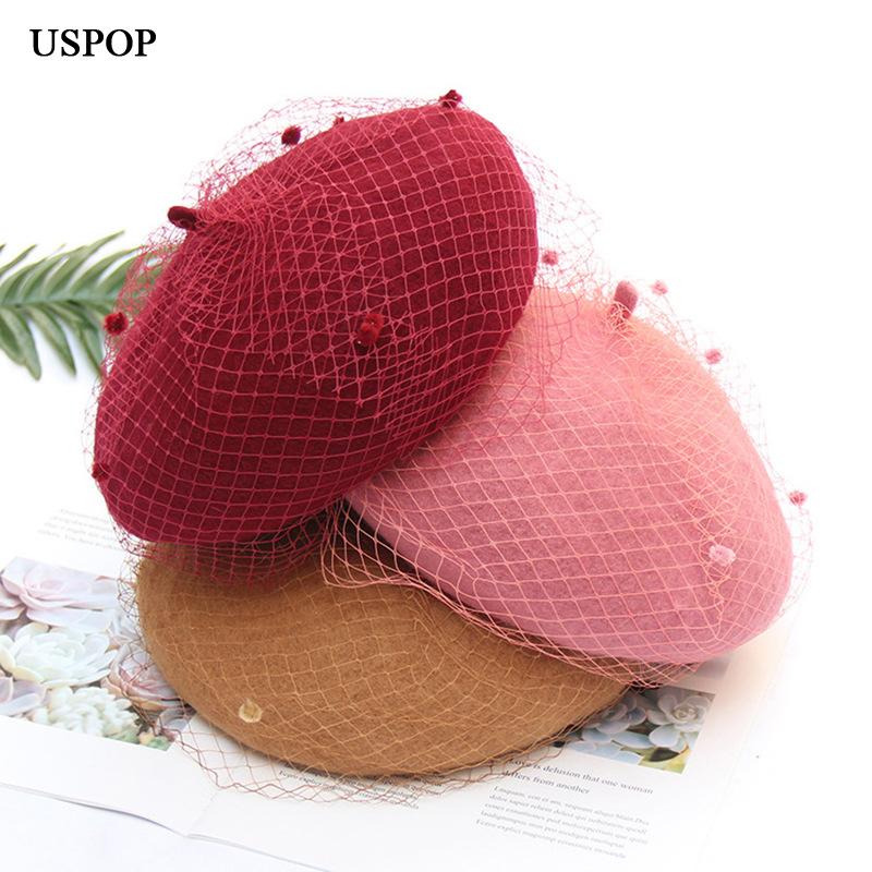 Hat Soft USPOP Women's Hats Winter Thick Wool Berets Adjustable Size Solid Color Vintage Mesh Yarn Beret Hat