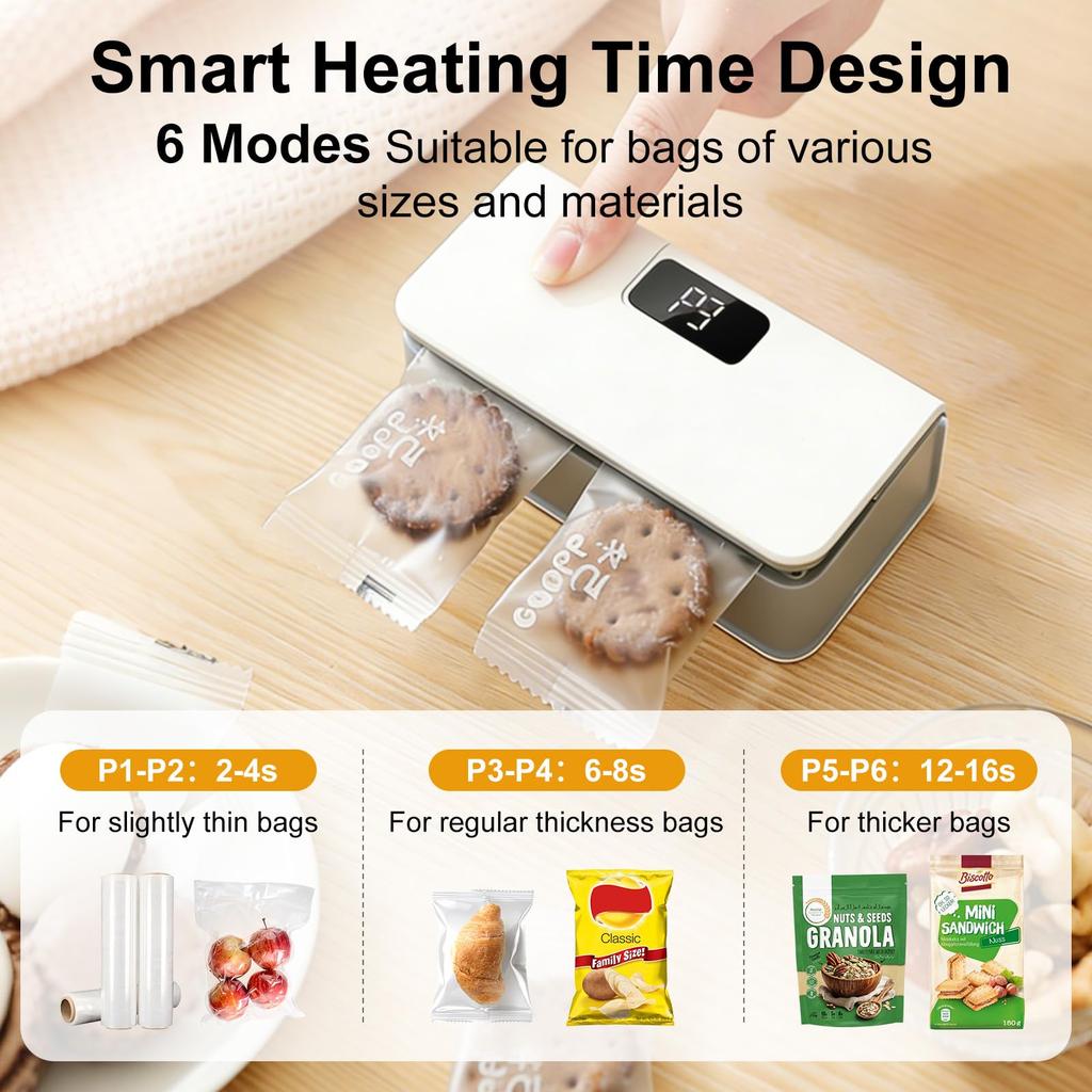 Mini Bag Sealer LED Temperature Display 6 Speed Control 2 in 1 Rechargeable Heat Sealer and Cutter for Kitchen and Travel Food Storage Bags White
