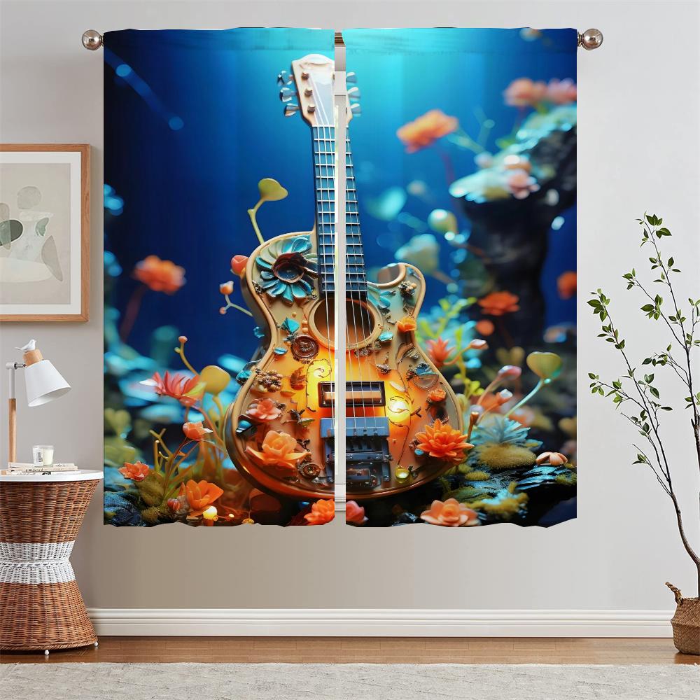 Antique Guitar Bedroom Curtains 2 Pieces Modern Home Decoration Curtain Rods Partition Window Sheer Curtains for Living Room