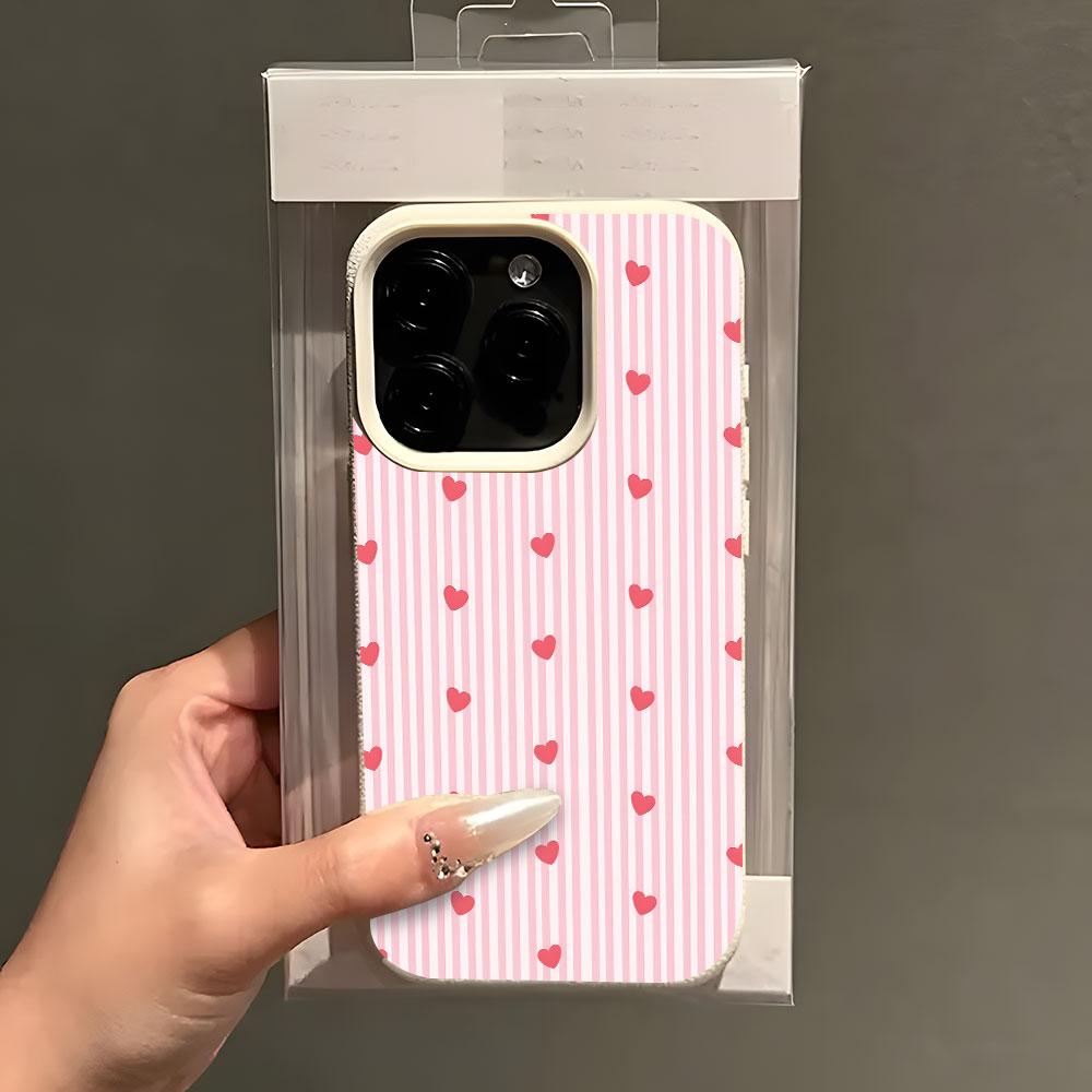Pink Love Heart Stripe Pattern Phone Case For IPhone 17 16 15 14 13 12 11 Pro Max 15 Plus 17Air 16E Lychee Silicone Soft Cover
