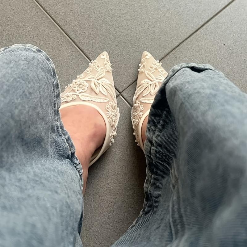 Damen Slingback-High Heels Gaze-Pumps Stickerei Blume mit Spitz zulaufender Spitze Stiletto zum Hineinschlüpfen Sandalen für Kleiderparty Hochzeit, Damenschuhe