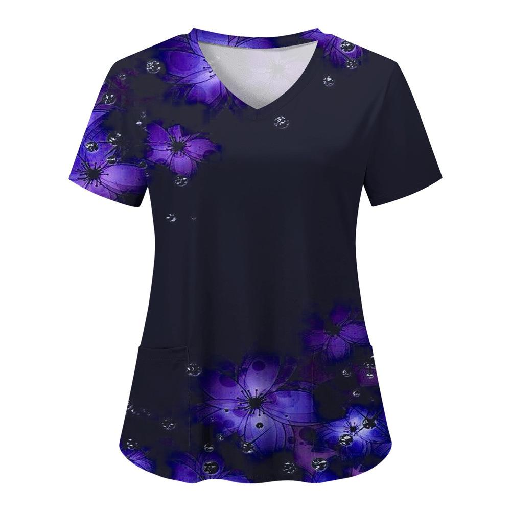 Willow Print Women's T-shirt V-neck Nurse Uniform Comfortable Short Sleeved Women's T-shirt