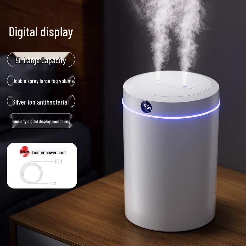 Umidificator 5L cu Pulverizare Duală cu USB, Funcționare Silențioasă, Lumină de Noapte și Afișaj Digital pentru Casă, Dormitor și Birou