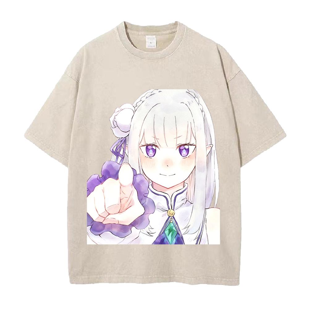 Emilia Re ZERO Kawaii Graphic T Shirt Men Women Short Sleeve Cotton Tshirts Vintage Washed Tee Harajuku Male Oversized T-shirt