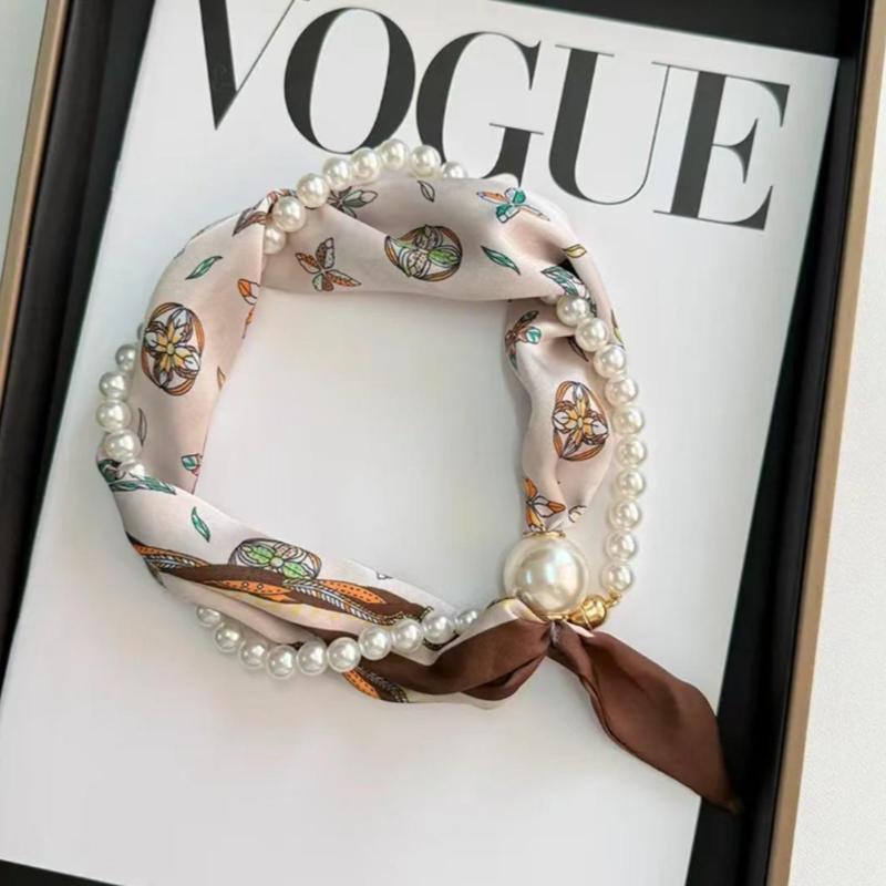 Thin Pearl Necklace with Magnetic Clasp, Lazy-style Silk Scarf, Women's Pendant Scarf, Collarbone Chain