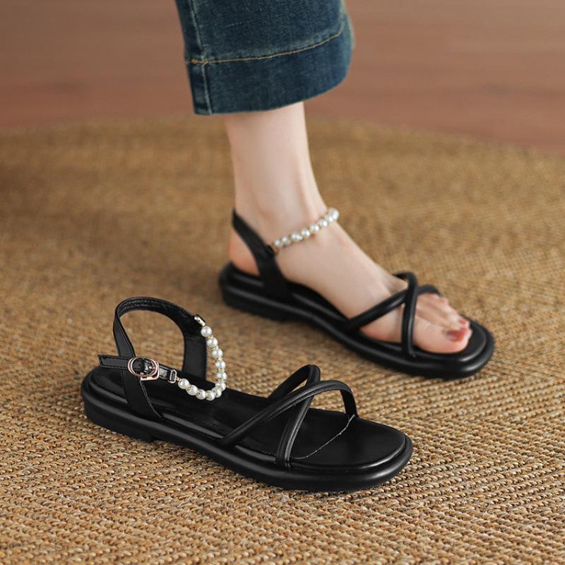 Summer Women's Flat-soled Sandals New Rear Empty Word with Sandals Rubber Soft Sole Large Size Shoes Solid Color Round Head Korean Version