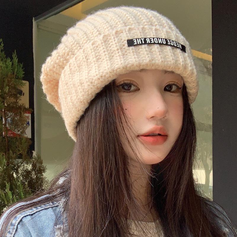 New Autumn and Winter Letter Knitted Big Hat Brim Big Head Circumference Warm Wool Hat for Women Versatile Ear Protection Students