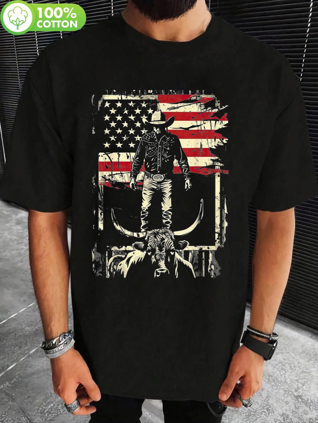 100% Cotton Western Cowboy T-shirt - Rodeo Bull Riding Graphic S