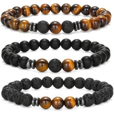 Volcanic Stone & Tiger Eye Lapis Agate Bracelet Set - Fashionable and Simple Style