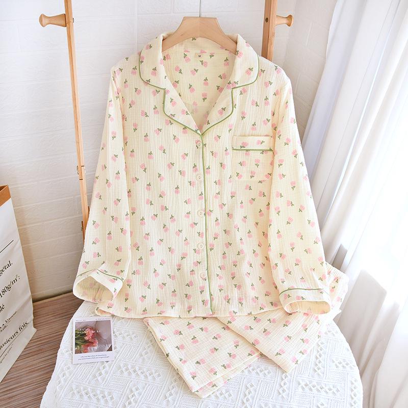 

Женский пижамный комплект из цветочного крепа - С длинным рукавом, отложным воротником, двухслойной марли, весенне-осенняя одежда для сна Medium