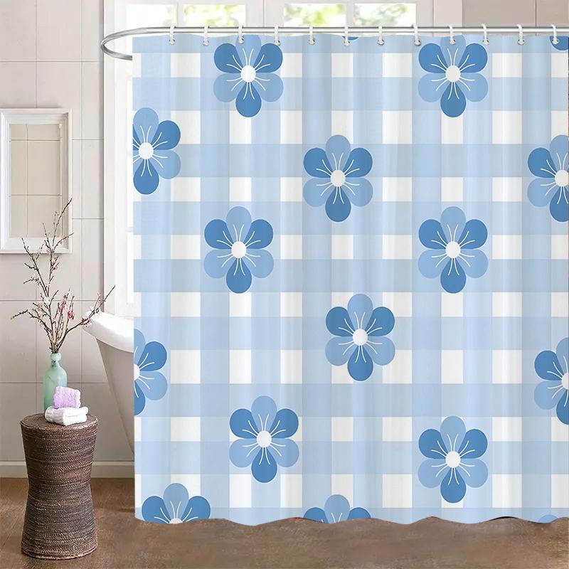 

Blue And White Checkered Floral Shower Curtain, Made Of Polyester Fabric, Machine Washable, Suitable For Bathroom Dcor. W60H190(CM)-1 Pcs