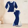 Women Plus Size Blue White Printed Two Piece Set Round Neck Batwing Short Sleeve Ruffle Hem Top Fishtail Skirt