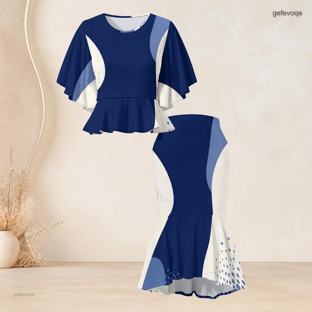 Women Plus Size Blue White Printed Two Piece Set Round Neck Batwing Short Sleeve Ruffle Hem Top Fishtail Skirt