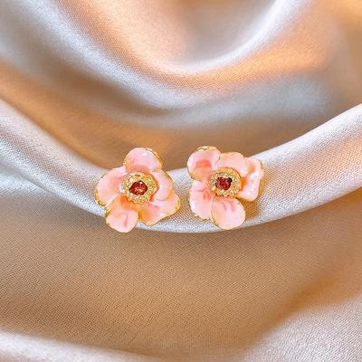 2024 New Arrival Temperament Sweet Pink Crystal Drop Oil Flower Stud Earrings For Women Fashion Cute Elegant Jewelry Gifts