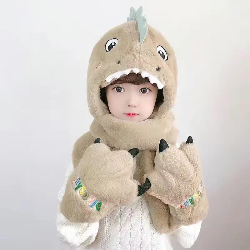 Winter Children's Hat Scarf One-piece Boy Dinosaur Girl Boy Baby Plush Gloves Three Piece Set Dinosaur Cartoon