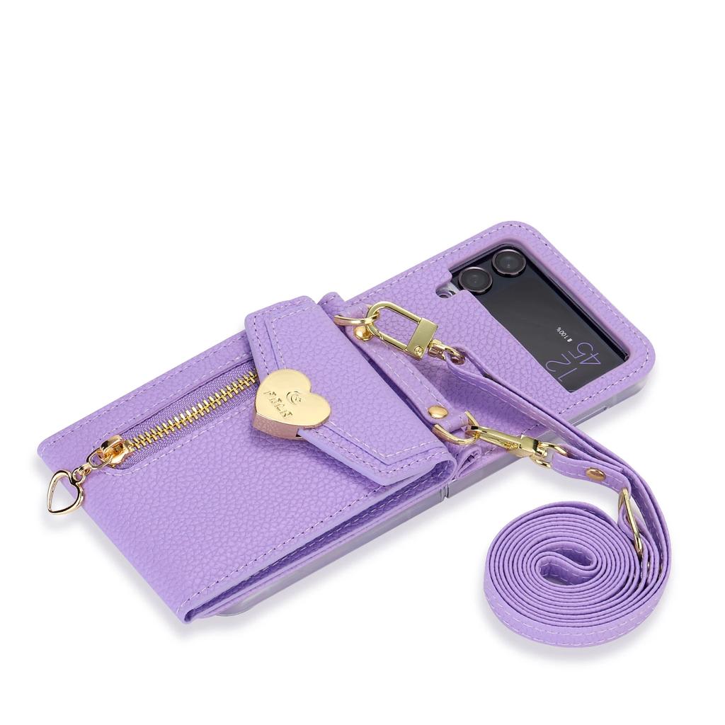 Zipper Coin Purse Crossbody Leather Bag Wallet Case for Samsung Z Flip 6FE 6 4 5 3 Neckstrap Shoulder Strap Card Holder Cover