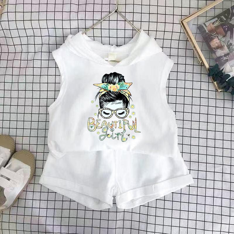 Girls Cotton Cartoon Print Tank Top And Shorts Set Fashionable Summer Two Piece Outfit For Kids