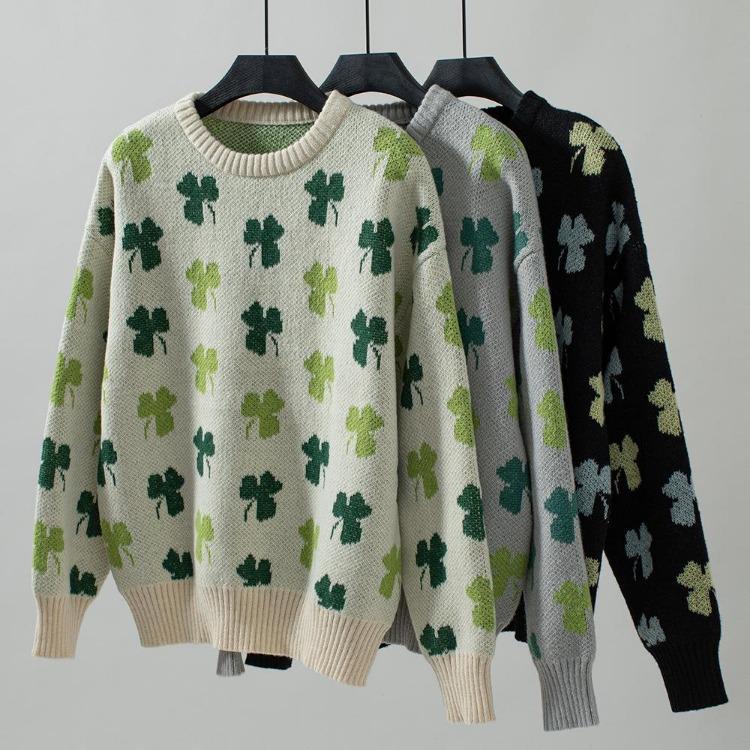 Vintage Print Loose Knitwear Cardigan Long Sleeve O Neck Sweater Autumn Winter Top