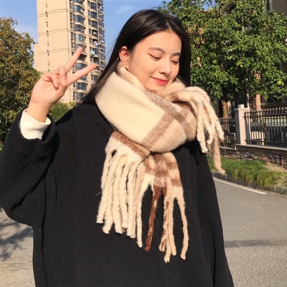 Thermal Women Mohair Plaid Scarf Cold Proof Fall Winter Neck Scarf Warm Tassel Shawl Wrap Students