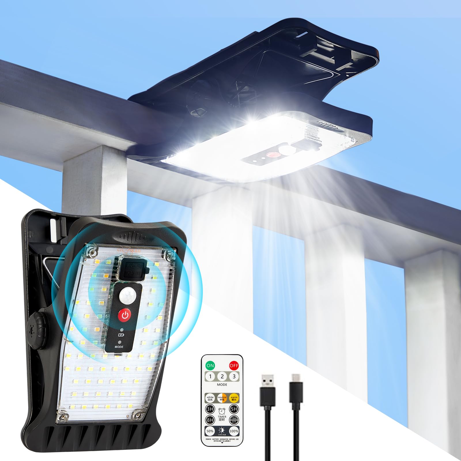 

70 світлодіодна кліпсова сенсорна лампа, зовнішня, на сонячній батареї, з датчиком руху, водонепроникна IP64, 3 способи встановлення, функція таймера, USB-перезаряджувана, 3