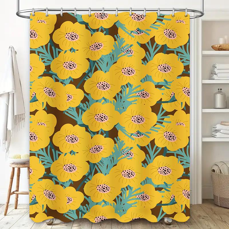 Modern Floral Shower Curtain Vivid Yellow Blue Design for Bathroom Decor Polyester Fabric with Hooks Included (180x240cm)