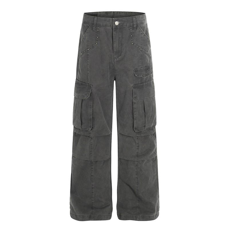 Mens High Street Hip Hop Cargo Pants Loose Straight Leg Multi-Pocket Rivet Denim Jeans Casual Streetwear