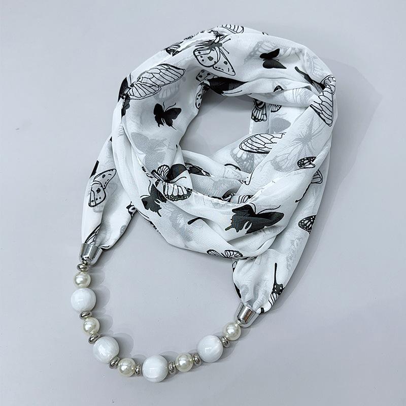 Chic Printed Scarf Necklace with Pearl and Bead Accents – Lightweight Chiffon Infinity Scarf for Women, Fashion Statement Accessory