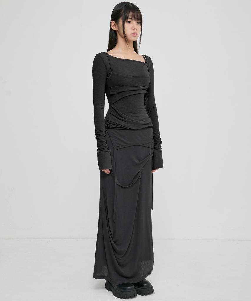 Peulleeoeob Asymmetrical Draped Long Skirt (Fl-263_Black)
