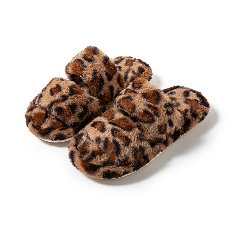 Leopard Print Cotton Slippers with Parallel Bars and Plush Slippers for Home Use, Cotton Slippers for Indoor Use, and Plush Slippers for Indoor Use