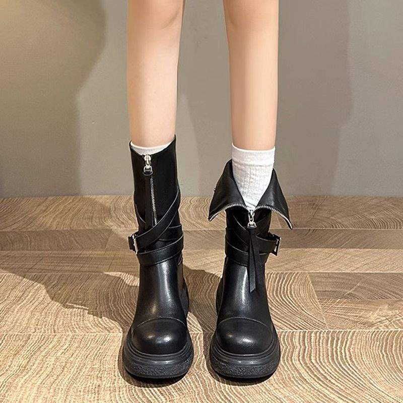 Maillard style soft leather fashion boots women's autumn and winter 2025 new belt buckle boots platform knight boots high boots