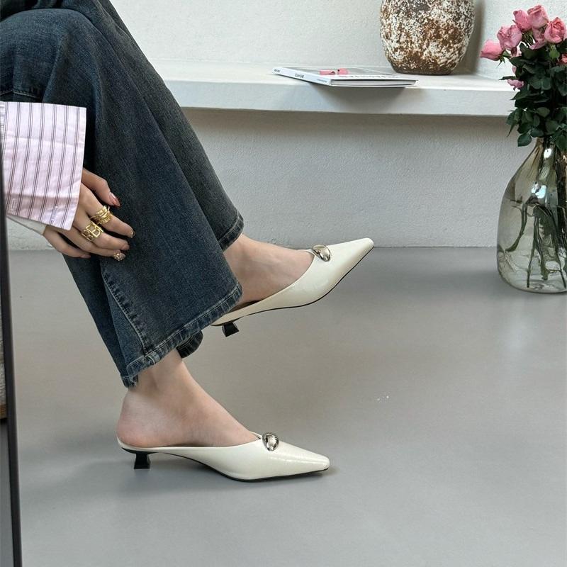 Fashion French Style High Heel Slippers Women Pointed Toe Metal Buckle Slip On Mules