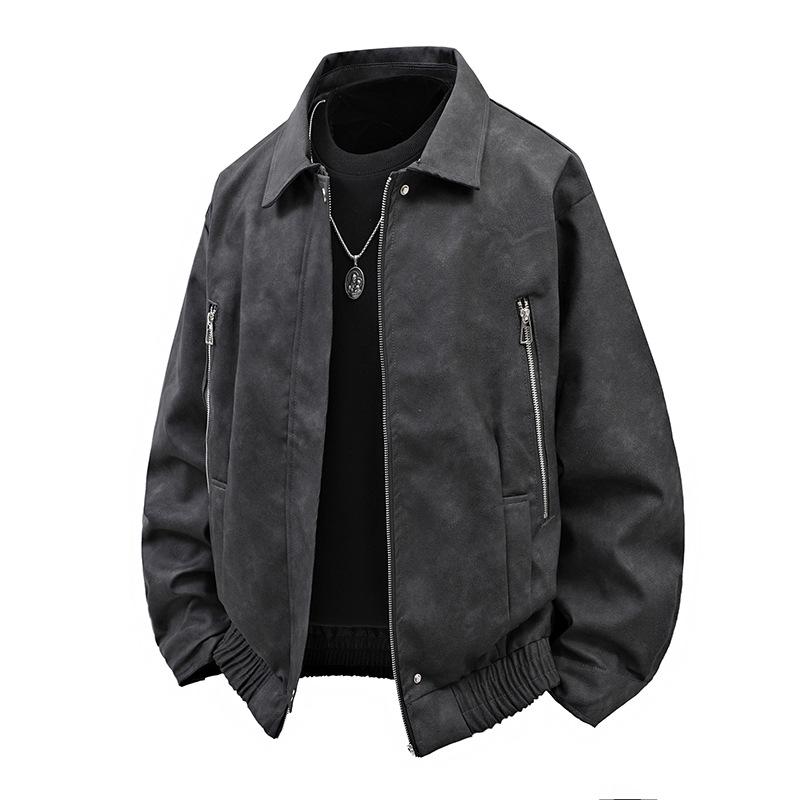 Autumn Men'S Retro Solid Color Jacket Hong Kong Style Men'S Casual Loose Lapel Leather Jacket