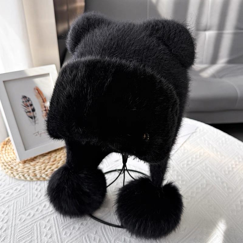 Women s Knitted Wool Cap with Mink Fur Pom Pom Beanie Hat Wool Blend Fabric for Travel чёрный